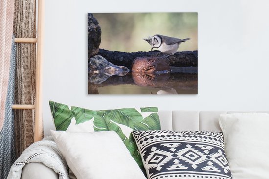 Canvas Schilderij Een Kuifmees zit op een boomstam - 40x30 cm - Wanddecoratie