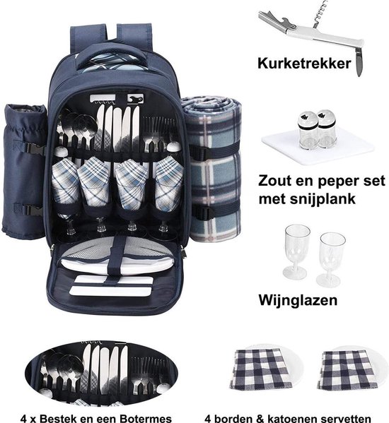 Geïsoleerde Rugzak SucceBuy Voor 4 Personen, Picknickrugzak Met Geïsoleerd Vak, Set Borden En Bestek Voor Wandelen Marineblauw