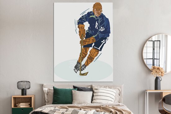 Un joueur de hockey sur glace avec un costume bleu dans une toile d'illustration 120x160 cm - Tirage photo sur Toile (Décoration murale salon / chambre) XXL / Groot format!