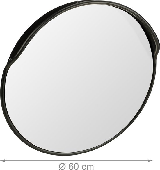 Miroir rond et convexe avec bordure noire, avec 'Ø 60 cm' en bas.