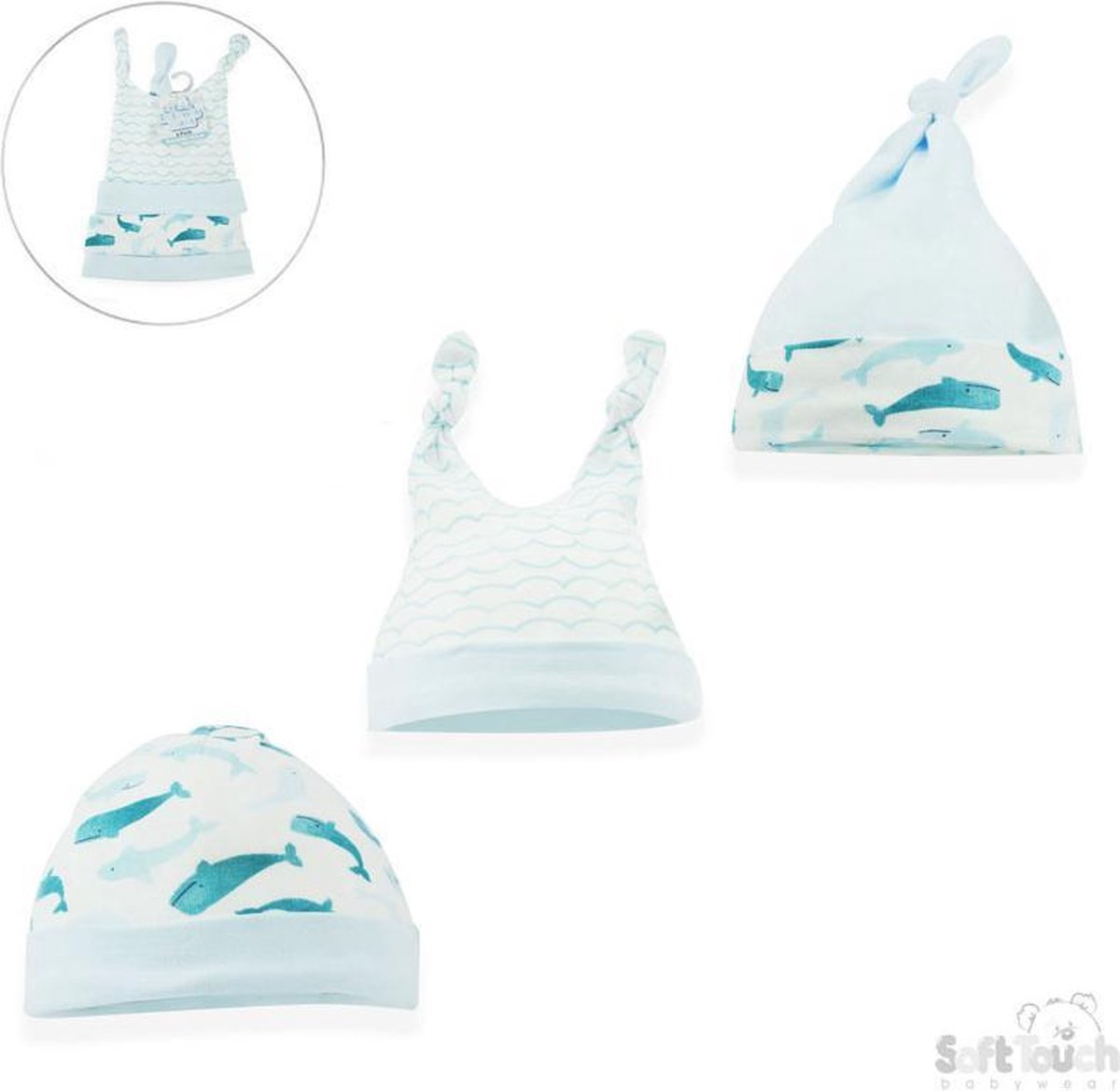 Soft Touch Babymutsjes Whale Junior Katoen Blauw/wit 3 Stuks