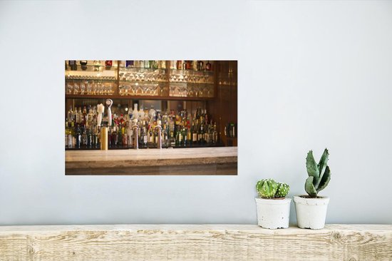 Poster met flessen drank en glazen op een bar, boven een houten plank met cactussen.