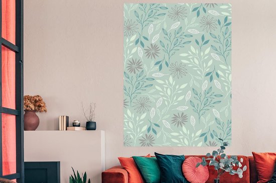 Motif feuilles et fleurs fond bleu 120x180 cm / Poster Fleurs XXL / Groot format!