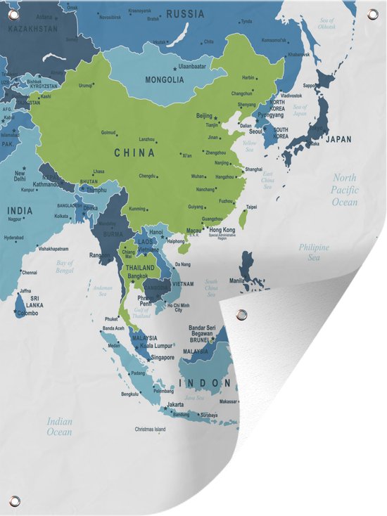 Tuinposter Azië kaart - Kaart van Azië in groen en blauw op witte achtergrond tuinposter