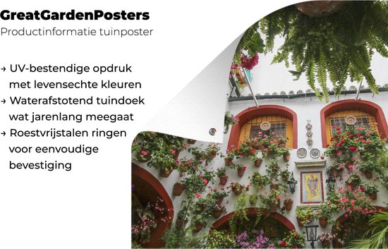 Belles fleurs sur le mur de Cordoba Garden poster 180x120 cm - Toile de jardin / Toile d'extérieur / Peintures d'extérieur (décoration de jardin) XXL / Groot format!