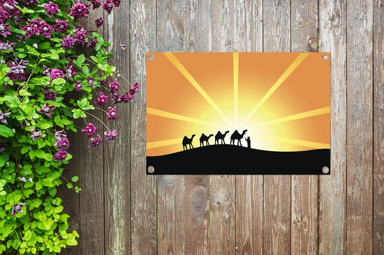 Tuinposter 90x60 cm - Tuindecoratie Illustratie van een groep dromedarissen - Poster voor in de tuin - Buiten decoratie - Schutting tuinschilderij - Tuindoek muurdecoratie - Wanddecoratie balkondoek