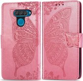 Butterfly Love Flowers reliÃ«f horizontale flip lederen case voor LG Q60, met houder & kaartsleuven & portemonnee & lanyard (roze)
