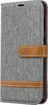 Kleurafstemming Denim Texture Leather Case voor Galaxy A20 / A30, met houder & kaartsleuven & portemonnee & lanyard (grijs)
