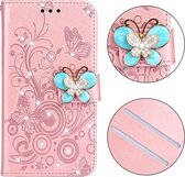 Voor Galaxy A20S Diamond Encrusted Butterflies Love Flowers Pattern Horizontal Flip Leather Case with Holder & Card Slots & Wallet & Lanyard (Rose Gold)