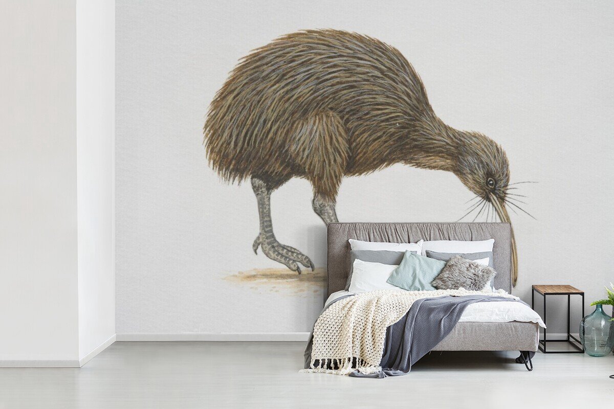 Behang - Fotobehang Illustratie van een kiwi vogel die bladeren eet - Breedte 390 cm x hoogte 260 cm