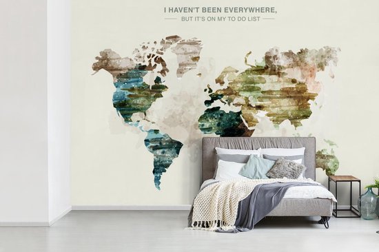 Papier peint photo en vinyle - Carte du monde aux anciennes couleurs pittoresques avec texte largeur 450 cm x hauteur 300 cm - Tirage photo sur papier peint (disponible en 7 tailles)