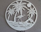 Metalen wanddecoratie - Rond frame - levensboom - Palmbomen met vogels Muurdecoratie - woonkamer  - 3D effect - 40 CM