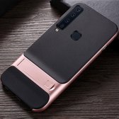 Voor Galaxy A9 (2018) Geruite textuur Antislip TPU + pc-hoes met houder (rosÃ©goud)