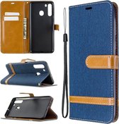 Voor Galaxy A21 Kleuraanpassing Denim Texture Horizontaal Flip Leather Case met houder & kaartsleuven & Wallet & Lanyard (donkerblauw)