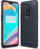 Voor OnePlus 6 geborstelde textuur Koolstofvezel schokbestendig TPU beschermhoes (marineblauw)