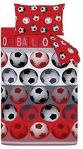 2-persoons jongens / kinder dekbedovertrek (dekbed hoes) rood / wit / zwart gestreept met grote voetballen “football” CL 200 x 200 cm (cadeau idee!)