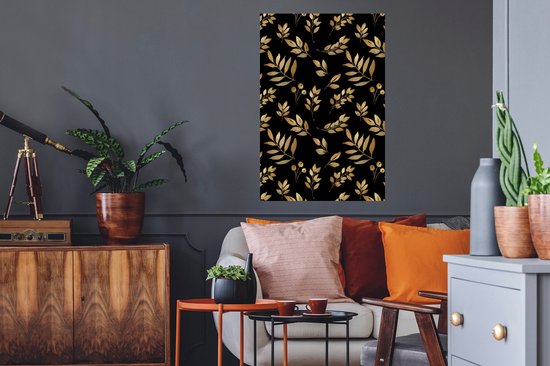 Sticker Muursticker Feuilles dorées/roses - Motif de branches avec feuilles et baies dorées sur fond noir - 60x90 cm - Film adhésif autocollant - Sticker mural repositionnable