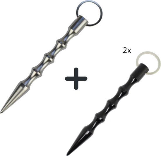Kubotan 2x - Sleutelhanger - Zelfverdediging - Zilver + Zwart - Scherp -self defence keychain