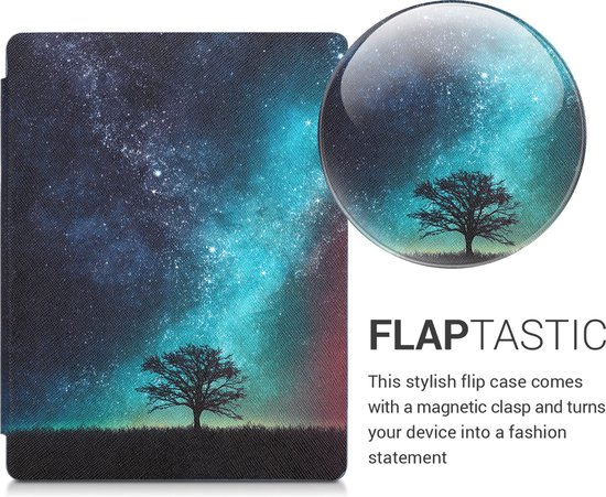 kwmobile e-reader hoesje geschikt voor Kobo Aura H2O Edition 2 hoes - E reader flip case met magnetische sluiting - Ereader cover - Sterrenstelsel en Boom design in blauw / grijs / zwart van Merkloos — afbeelding 2