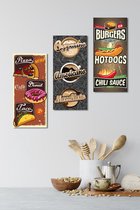 3D Retro hout Vierkant Posters 3 stuks Pizza Capicuno Burgers