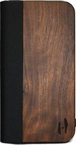 Houten design flip case, iPhone 12 mini – Noten met zwart leer
