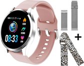 Belesy® BQSiZiPk - Smartwatch Dames - Smartwatch Heren - Horloge - Stappenteller - 1.3 inch - Kleurenscherm - 10x Sporten - INDOOR en OUTDOOR - Zilver - Siliconen - Roze - extra po