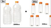 27x Flesje PET helder mix 330cc en 2000cc met oranje dop - drink fles vruchten sap limonade drank