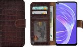Oppo A73 5G Hoesje - Wallet Case - Oppo A73 5G Wallet Book Case Echt Leer Croco Bruin Cover