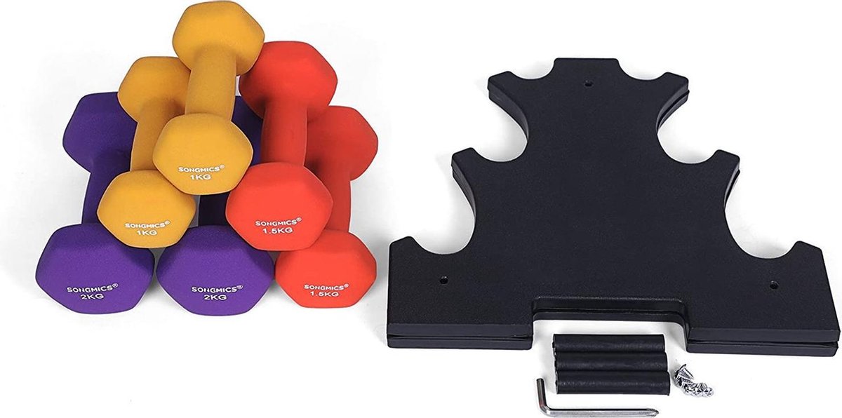 dumbbells dumbbell set, hexagon, met dumbbell stand, 2 x 1 kg, 2 x 1,5 kg, 2 x 2 kg, matte afwerking, neopreen coating, krachttraining voor dames, thuis, gym SYL69BK – foto 5