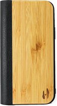 Étui à rabat design en bois, iPhone 12 pro - Bamboe avec cuir noir