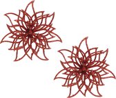 2x stuks decoratie bloemen kerststerren rood glitter op clip 14 cm - Decoratiebloemen/kerstboomversiering/kerstversiering