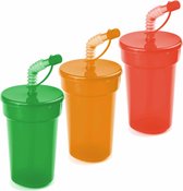Set van 9x stuks afsluitbare kunststof drinkbekers 400 ml met rietje - 3x stuks per kleuren groen, oranje en rood