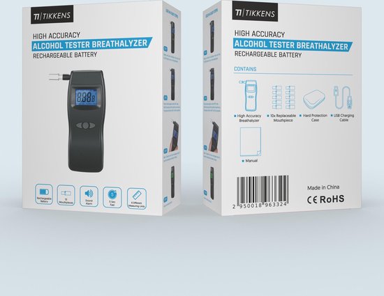 TIKKENS® Digitale Alcoholtester - Geschikt voor Frankrijk, Nederland, België, ... - Alcoholtest - USB Oplaadbaar - Blaastest Alcohol - 10 Extra Mondstukjes - Zwart - Tikkens