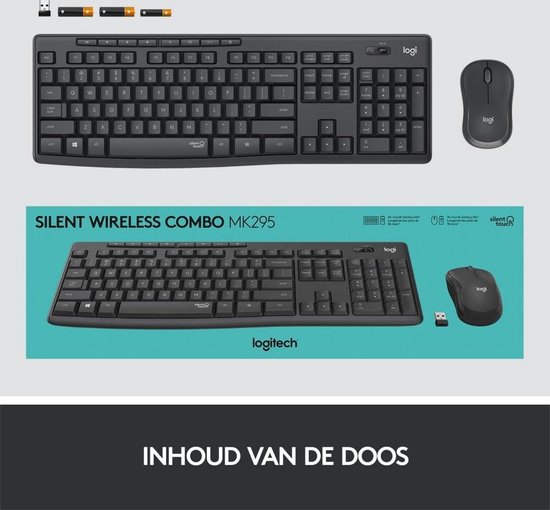 Zwart Logitech draadloos toetsenbord en muis, met USB-ontvanger. Tekst: SILENT WIRELESS COMBO MK295. Inhoud van de doos.