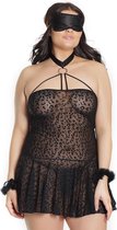 Kitty Leopard Babydoll with Cuffs & Eye Mask - Black - Maat Queen Size