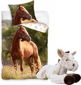 Paarden dekbedovertrek , bruin Paard bloemenweide-140x200 cm , 100% katoen- 1 persoons- dekbed- slaapkamer, incl. Grote paarden knuffel beige bruin 32 cm.