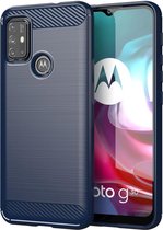 Motorola Moto G30 / G20 / G10 hoesje - MobyDefend TPU Gelcase - Geborsteld Metaal + Carbonlook - Navy blauw - GSM Hoesje - Telefoonhoesje Geschikt Voor: Motorola Moto G30 / Moto G2