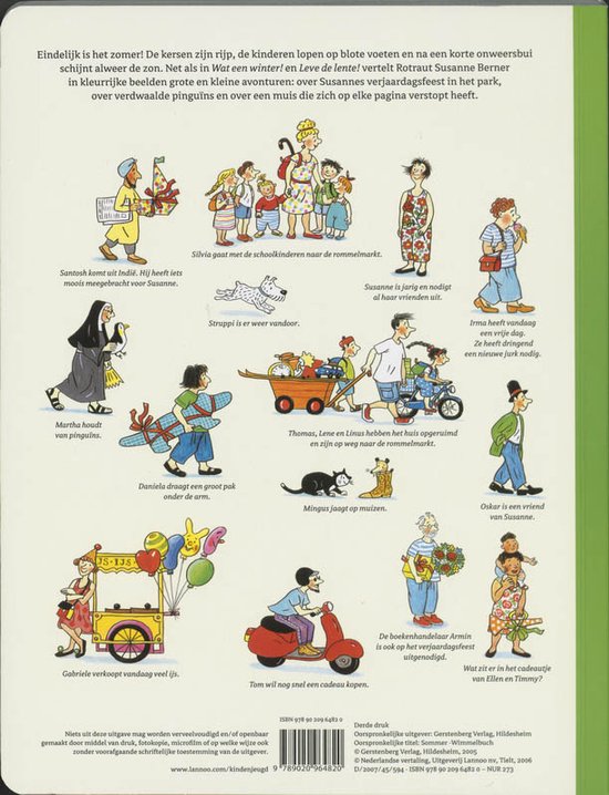 Gekleurde illustratie van een boekrug met diverse figuren, waaronder kinderen, een non en dieren. Tekst: 'Eindelijk is het zomer!'