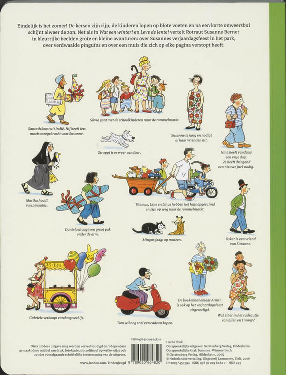 Gekleurde illustratie van een boekrug met diverse figuren, waaronder kinderen, een non en dieren. Tekst: 'Eindelijk is het zomer!'