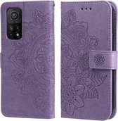 Voor Xiaomi Mi 10T Pro 7-bloemblaadje Bloemen Embossingpatroon Horizontale Flip PU-lederen hoes met houder & kaartsleuven & portemonnee & fotolijst (lichtpaars)