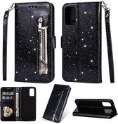 Bookcase Geschikt voor: Samsung Galaxy M21 Glitter met rits - hoesje - portemonnee hoesje - Zwart