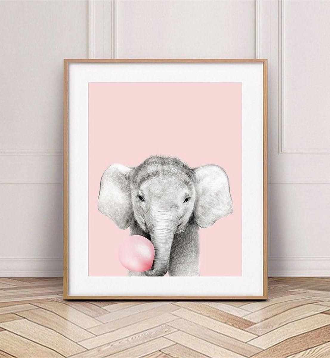 Poster Olifant - Kinderkamer - Babykamer - Bubble gum Roze 30x21cm - A4