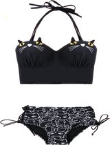 Dames 2-delig high waist bikini-hoge taille bikini-black cat face-TU M-XL