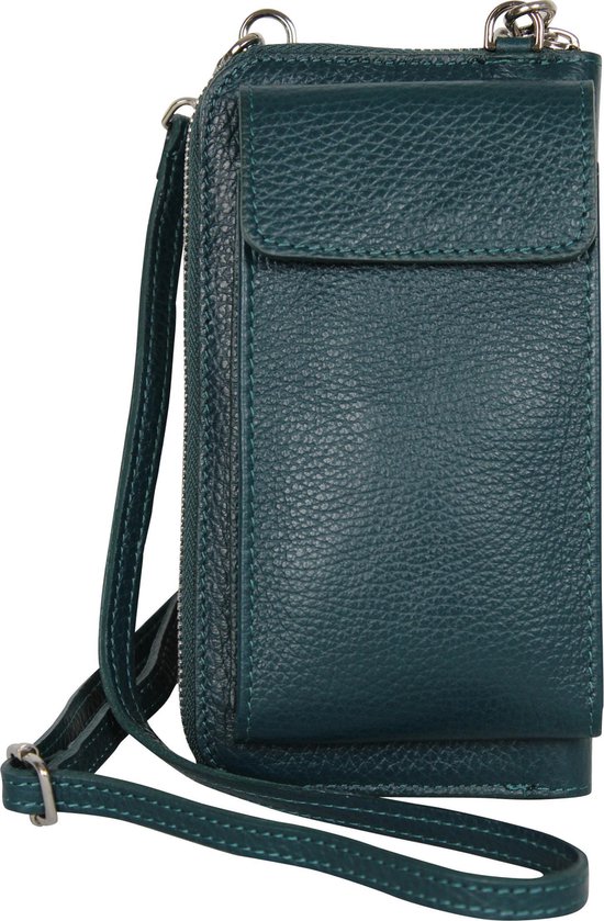 AmbraModa GLX21 - Italiaanse portemonnee telefoontasje schoudertas clutch bag gemaakt van echt leer. Donkerturquoise