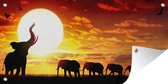 Tuinposter Een illustratie van olifanten bij het landschap met een zonsondergang - 80x40 cm - Wanddecoratie Buiten - Tuinposter - Tuindoek - Schuttingposter - Tuinschilderij