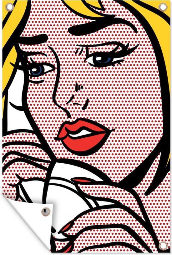 Muurdecoratie Pop-art vrouw met telefoon - 120x180 cm - Tuinposter - Tuindoek - Buitenposter