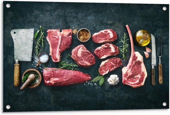 Tuinposter – Stukken Vlees met Messen - 90x60cm Foto op Tuinposter  (wanddecoratie voor buiten en binnen)