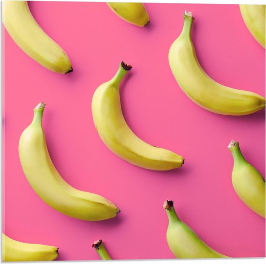 Acrylglas - Bananen bij Roze Achtergrond - 50x50cm Foto op Acrylglas (Wanddecoratie op Acrylglas)