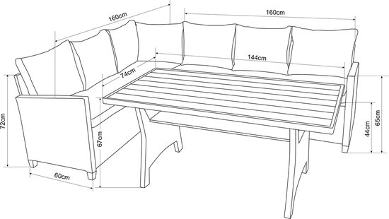 Intimo Garden Wicker loungeset Burano hoekbank + eettafel + kussens - zwart - Complete tuinset - 6-persoons
