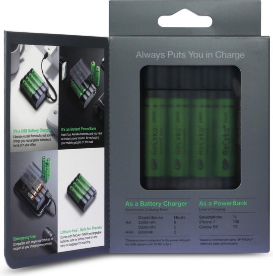 GP Charge Anyway Powerbank incl. 4x AA batterijen 2600mAh + 2 AA/AAA beschermdoosjes